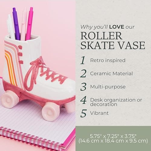 Steel Mill & Co. Cute Retro Ceramic Roller Skate Vase | Flower Vase and Desk Pot Pen and Pencil Holder, Vintage Decor for Home or Office, Small Round Container thumbnail 5