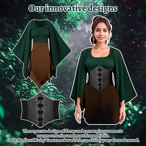 HODBLKT 8PCS Women Elf Costume Renaissance Traditional Irish Dress Fairy Costume Halloween Medieval Dress thumbnail 4