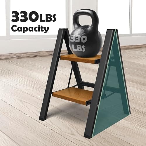 Taranta 2 Step Ladder,Aluminum Lightweight Folding 2 Step Stool with Anti-Slip Wide Pedal, 330lbs Capacity Step Ladder for Household,Kitchen,Office - BlackWoodgrain - Black&woodgrain - 2 Step thumbnail 4