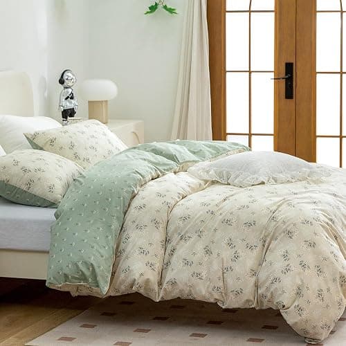 Duvet Cover King Size Floral, 100% Cotton 3 Pieces King Bedding Set Flowers, Garden Style Green Flower Pattern King Flower Duvet Cover, with Zipper Closure, Luxury Breathable Comfy thumbnail 3