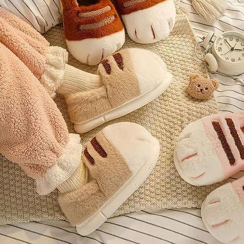 Cat Paw Slippers for Women Fuzzy Plush Indoor House Shoes Cute Animal Claw Design Soft Warm Cozy Non Slip Memory Foam Comfy Footwear for Girls Teens Adults Winter Gift Idea thumbnail 4