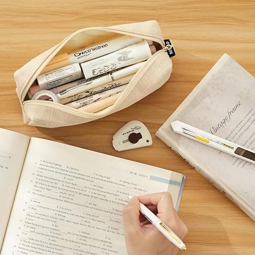 ANGOOBABY Small Pencil Case Student Pencil Pouch Coin Pouch Cosmetic Bag Office Stationery Organizer For Teen School-Beige thumbnail 2