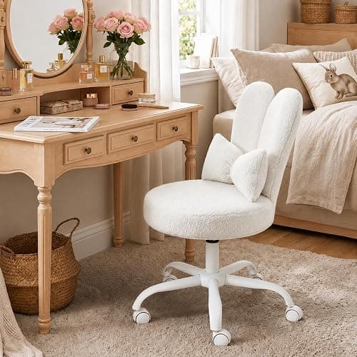 VINGLI Playful Rabbit Ear Swivel White Vanity Desk Chair with wheels&Bow Pillow,Cute Comfy Small Armless Adjustable Rolling Stool for Bedroom/Home Office,for Kids,Teens,Girls,Women,Adults,Teddy Fleece - Image 1