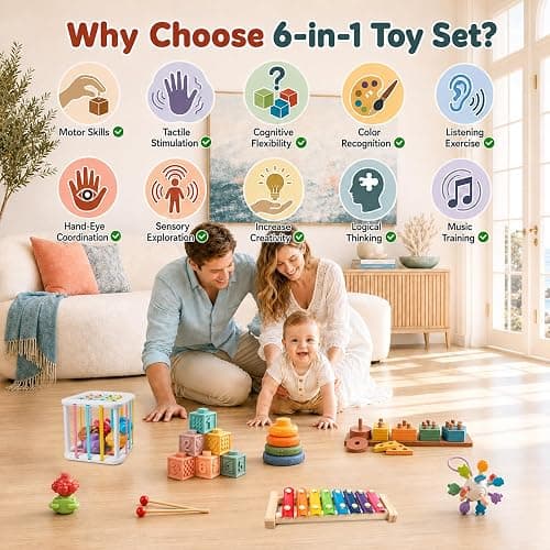 6-in-1 Montessori Baby Toy Set with Wooden Shape Sorter Xylophone Teether | 5 Stacking Rings, 6 Building Blocks, 20 Shape Blocks, Sensory Cube, Stacking, Sorting, Matching, Fine Motor Play, Baby Gift thumbnail 4