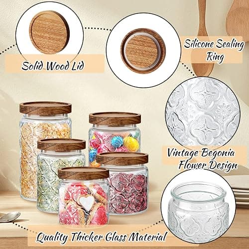 Gerrii 5 Pcs Begonia Pattern Round Vintage Glass Food Storage Containers 17/24/34 oz Glass Jar with Lid Airtight Candy Jar Food Canisters for Kitchen Counter Pantry Coffee Tea Beans thumbnail 4