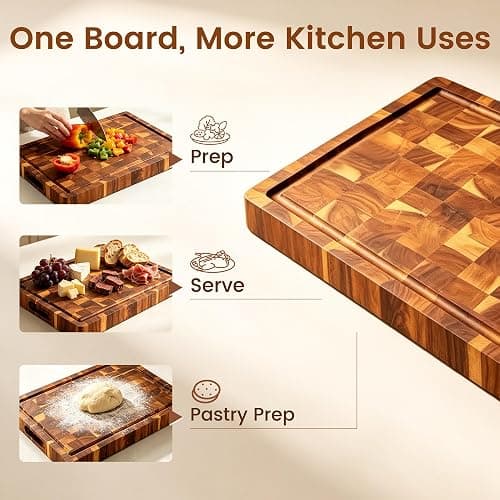 Bierofaro Large Solid Wood Chopping Board, 42 x 33 x 3 cm, Butcher Block | Thick end grain design， juice groove and side handles, designed for chopping, carving meat and serving charcuterie. thumbnail 5