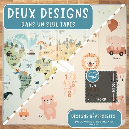 HuBorns - Tapis Bebe Pliable 180x140 cm, Tapis d'Eveil Bebe Reversible avec Bord Renforcé pour Plus Sécurité, Tapis de Jeux Bebe Epais avec Protection Anti-Chute, Tapis Exterieur Lavable (Carte M) thumbnail 5