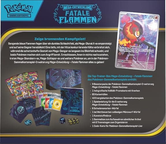 Pokémon-Sammelkartenspiel: Top-Trainer-Box Mega-Entwicklung – Fatale Flammen (1 Vollbild-Promokarte, 9 Boosterpacks & Zubehör) thumbnail 4