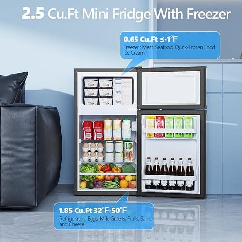 Electactic 2.5 Cu.Ft Mini Fridge with Freezer, Double-Door Compact Refrigerator, Adjustable Glass Shelves, Mechanical Thermostat & Leveling Feet, Space-Saving for Apartment/Dorm/Office, Black thumbnail 3