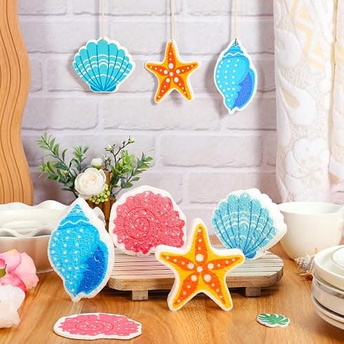 Whaline 8Pcs Starfish Shell Kitchen Sponges Water Absorbing Dish Washing Sponge Summer Sea Snail Starfish Shell Non Scratch Cleaning Scrub Sponges for Summer Home Kitchen Bathroom thumbnail 2