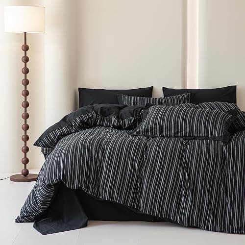 SUSYBAO Black Striped Duvet Cover King 100% Washed Cotton Farmhouse Pinstripe Duvet Cover 3 Pieces Set 1 White Stripe Duvet Cover with Zipper Ties 2 Pillow Shams Soft Classic Geometric Bedding Set thumbnail 2