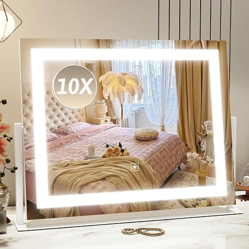 Vanity Mirror with Lights 22"x18", Lighted Makeup Mirror with 10X Magnification, Smart Touch 3 Colors Dimmable, 360° Rotation, Women Gift, Dresser Mount, Bathroom (White) - Image 1