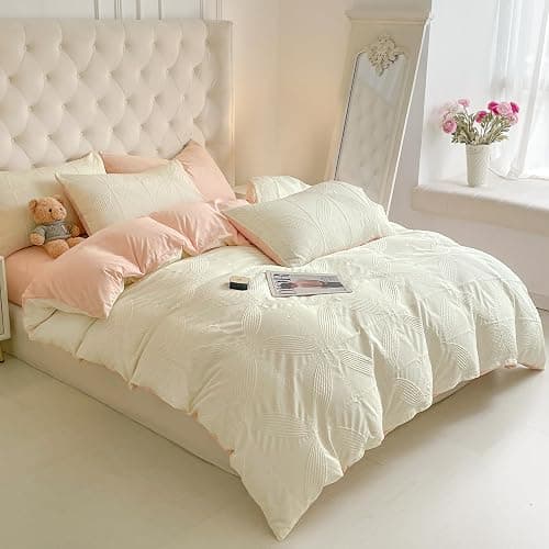 Double Duvet Cover Set White Pink Textured Quilt Bedding Set, Four-Leaf Clover Flower Pattern 3 Pieces Reversible Duvet Cover for All Season thumbnail 2
