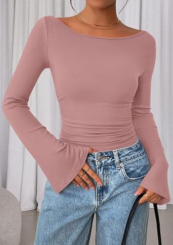 PRETTYGARDEN Women's Long Sleeve Shirts 2025 Fall Crop Going Out Tops Casual Boat Neck Bell Sleeve Ribbed Ruched Y2K Clothes thumbnail 2