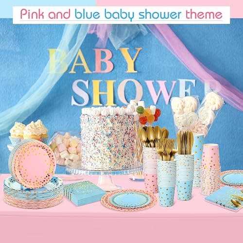 Tegeme 256 Pcs Pink and Blue Gender Reveal Party Supplies Disposable Paper Plate Napkin Cup Gold Dot Plastic Tablecloth Fork Knives Spoon Serve 36 Guest for Easter Baby Shower Birthday Decoration - Pink, Blue, Gold - Gold Dot thumbnail 6