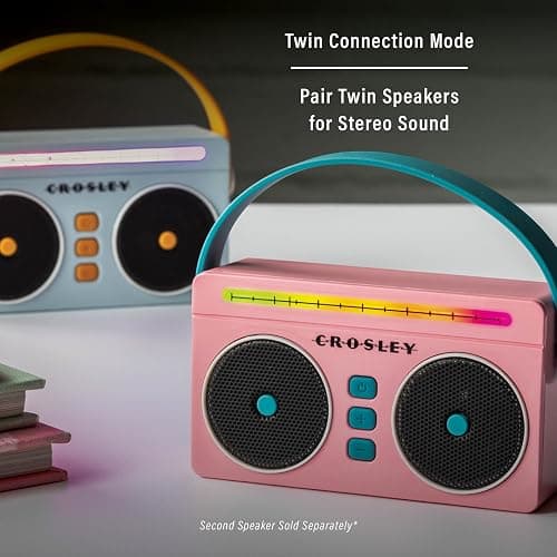 Crosley CR3050A-FG Mini Boombox Portable Bluetooth Speaker, Flamingo | Bluetooth In, 5 Color-Changing Light Modes, LED Lights Sync with Music, Rechargeable Lithium-Ion Battery thumbnail 5