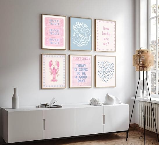 Pink Blue Beach Preppy Wall Art Coastal Granddaughter Aesthetic Summer Picture Wall Decor Trendy Beach Ticket Starfish Poster Lucky Heart Painting Print Artwork for Girly Room Dorm Apartment, Unframed thumbnail 8