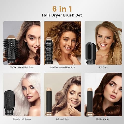 6 in ONE Hair Dryer Brush, Blow Dryer Curling Wand Hair Styling Tools Set, Ionic Hot Air Massage Oval Blowout Hair Dryer, Left&Right Hair Styler 100-120V thumbnail 3