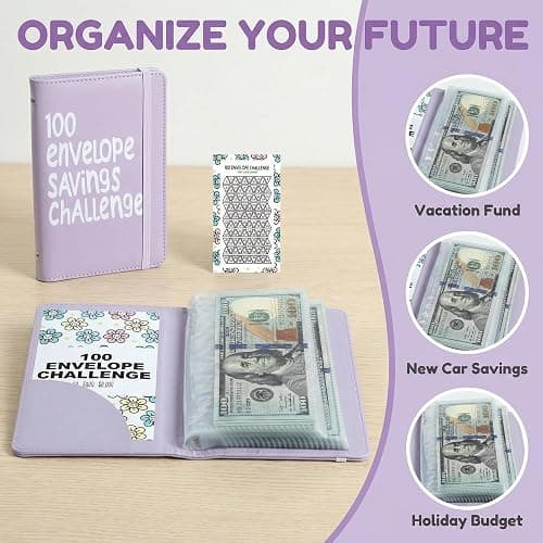 2Pcs 100 Envelopes Money Saving Challenge, Motivational Savings Challenge Binder, Durable Cash Organizer with Inspiring Quotes, Savings Challenges Book to Plan and Save $5,050(Pink+purple) thumbnail 6