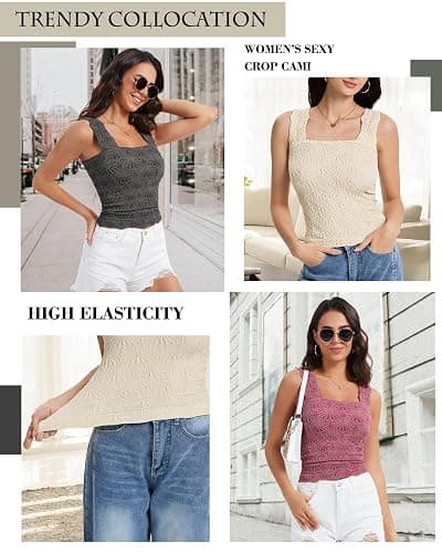 Women's Square Neck Wide Strap Crop Tank Tops Slim Fit Sleeveless Going Out Top Flower Lettuce Trim Cami Tops - Small - Dark Gray thumbnail 6