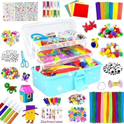 3000 Arts and Crafts Supplies for Kids Craft Kit All in 3 Layered Craft Box with Pipe Cleaners Crafts for Kids Age 4-6, 6-8, 8-12 DIY School Supplies Materials Set Toys Gifts for Girls Boys, Blue - Image 1