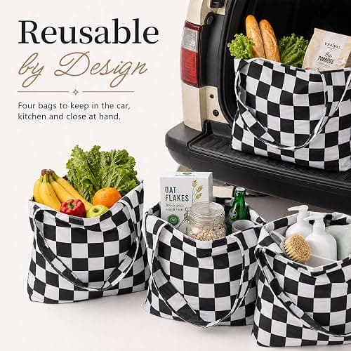 Ralxion Checkered Reusable Grocery Shopping Bags 4 Packs, Cute Checkerboard Foldable Kitchen Large Nano Tote Bags thumbnail 7