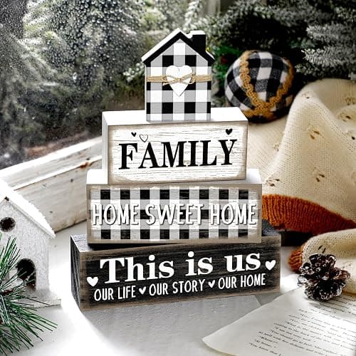 Cinnvoice 4 Pcs Farmhouse Table Decorations Rustic Home Sweet Tiered Tray Decor This Is Us Centerpiece Farmhouse Family Blesseheart House Block Sign Gift for Kitchen Shelf Office Indoor(Buffalo Plaid) thumbnail 2