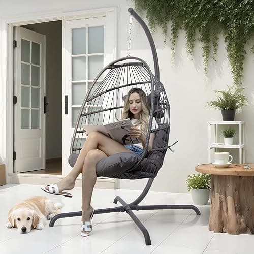 NICESOUL Comfy Indoor Outdoor Egg Chair, Patio Wicker Egg Shaped Swing Chair with Stand, Hanging Basket Seating with Cushion, 350lbs Heavy Duty Gift Hammock Chairs for Balcony Backyard Bedroom, Gray thumbnail 3