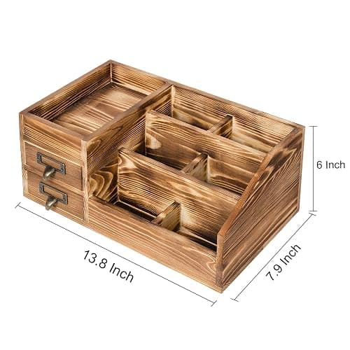 Liry Products Rustic Wooden Desktop Organizer Office Supplies Brown Tabletop Storage Cabinet Stepped Rack Multiple Compartments 2 Tier Drawers Makeup Accessory Jewelry Sorter Display Box Home Office thumbnail 3