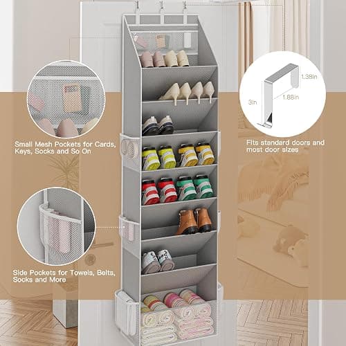 Criusia Shoe Organizer, Over the Door Shoe Organizer, Hanging Closet Shoe Storage with Large Deep Pockets, Fits 16–24 Pairs of Sneakers, Sandals, Boots, Gray thumbnail 6