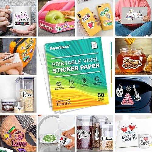 Premium Printable Vinyl Sticker Paper for Inkjet and Laser Printer - 50 White Matte Sticker Paper Waterproof - Excellent Adhesion Paper 8.5 x 11, Fast Dry, Holds Ink Well, Great for Cutting Machines thumbnail 8