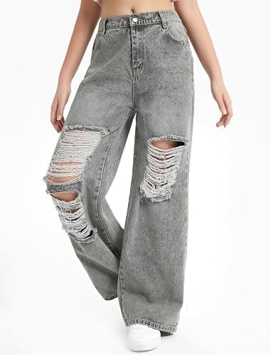 EXARUS Girls Jeans Wide Leg Pants Baggy Denim Ripped High Waisted with Pockets Teen Casual 6-14Y thumbnail 2