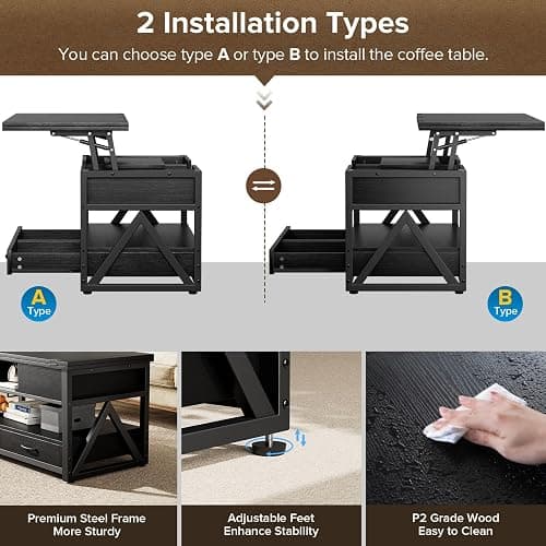 Memobarco 40" Lift Top Coffee Table,4 in 1 Multi-Function Lift Coffee Tables with Storage Drawers and Hidden Compartmen,Farmhouse Coffee Table with Lifting top for Living Room,Black thumbnail 8