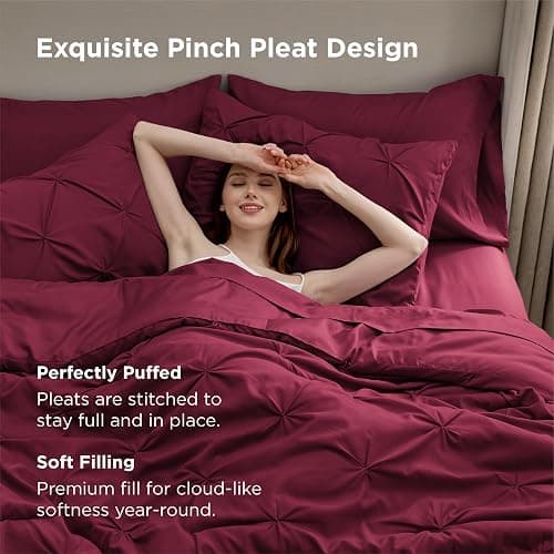 Bedsure Queen Comforter Set Dark Red - Bed in a Bag Queen Size Bedding 7 Pieces, GentleSoft™ Pintuck Bed Set Gift for Family, Pinch Pleat All Season Comforter with Sheets, Pillowcases & Shams thumbnail 3