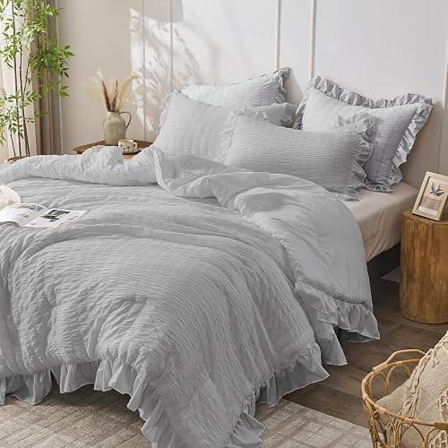 JOLLYVOGUE Light Grey Comforter Full Size, 3 Pieces Seersucker Lightweight Full Size Bedding, All Season Fluffy Microfiber Bedding Comforter Set with 1 Ruffle Comforter and 2 Ruffle Pillowshams thumbnail 2