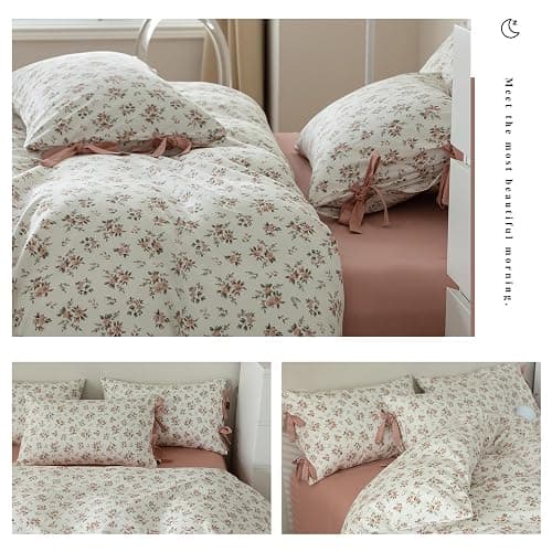 Pink Flower Duvet Cover Set Twin Soft Cotton Peach Floral Comforter Cover Girls Cottagecore Bedding Set Boho Floral Duvet Cover Vintage Country Bedding Flower Botanical Duvet Cover with Zipper Closure thumbnail 3