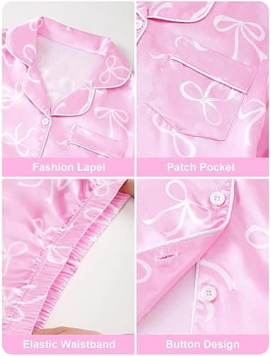 Mikrdoo Girls Pajamas Set Soft Silk Satin Pajamas 2 Piece Short Sleeve Sleepwear for Kids Size 4-16 Years thumbnail 6