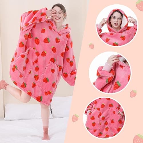 Aemicion Strawberry Blanket Hoodie,Oversized Wearable Blanket,Sherpa Hooded Blanket,Warm Cozy Sweatshirt Blanket Gifts for Women Girls Adult - Strawberry/Adult - Adult thumbnail 4