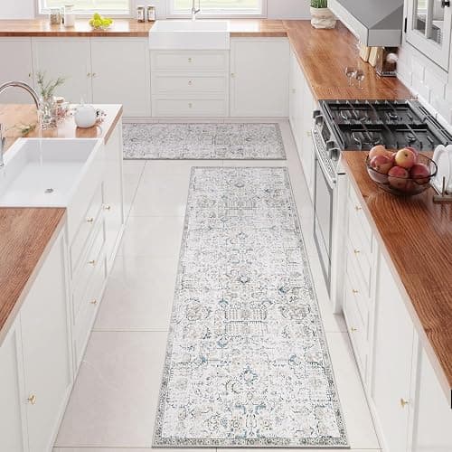 jinchan Runner Rug 2x5-2pcs Washable Hallway Rug Vintage Indoor Thin Retro Floor Cover Distressed Floral Country Lightweight Non Slip Carpet for Entryway Bathroom Kitchen Bedroom Living Room Blue - 2' x 5' (2pcs Light Weight) - Distressed Blue Multi thumbnail 2