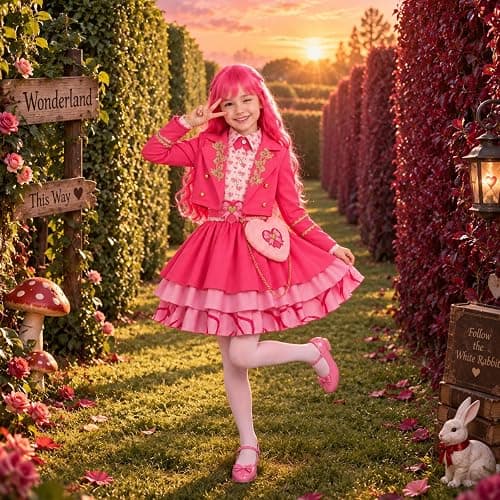 Mukola Kids Princess Pink of Wonderland Cosplay Costume Set 4-12Y | Girls Pink Long Sleeves Jacket, Cute Heart Print Dress, 5pcs Pink Royal Princess Outfits, Birthday Party, Halloween Cosplay thumbnail 5