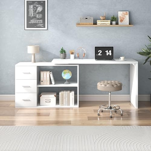 HSH White L Shaped Computer Corner Desk with 3 Storage Drawers 55 inch | Reversible Home Office Corner Desk with 2 Open Side Shelves Modern Wood Executive L Desks for Bedroom,Study Workstation thumbnail 4