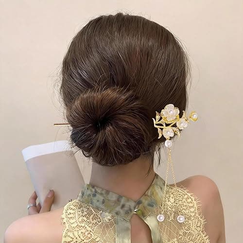 8 Pcs Chinese Hair Sticks Set, Gold White Japanese Hair Stick with Pearl Butterfly Flower Design, Metal Hairpins for Women Girls, Traditional Asian Hair Accessories for Bun Updo (Black and Gold) thumbnail 5