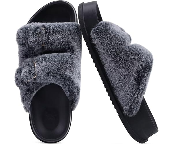 KuaiLu Women's Fluff Slippers Plantar Fasciitis Arch Support Platform Slippers Ladies Fashion Open Toe Faux Fur Sliders Womens House Slipper Size 6-12 thumbnail 9