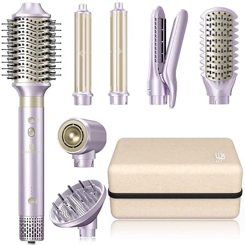 Hair Dryer Brush 8-in-1 Dual Voltage Hot Air Styler – Fast-Drying 110,000 RPM Ionic Blow Dryer with Straightener & Curler Attachments, Frizz-Free Volumizing Styler with Protective Hard Case-Purple - Image 1
