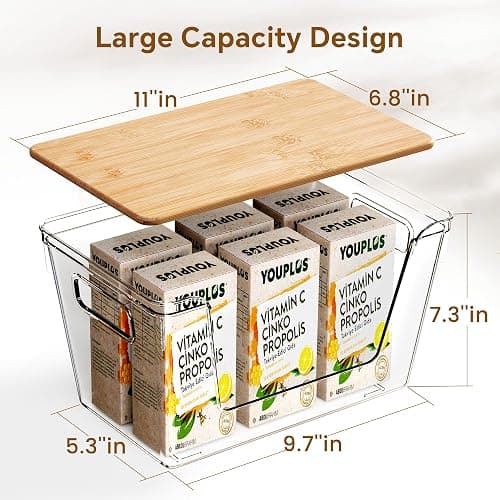 Criusia 2 Set Pantry Organizers and Storage with Bamboo Lids, Stackable Clear Bins for Onion, Potato, Fruit, Vegetables, Trash Bag Dispenser, Kitchen and Under Sink Organizer thumbnail 3