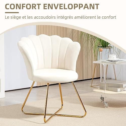 HOMCOM Seashell Chair Dressing Table Chair Velvet Armchair Living Room Chair with Steel Legs for Living Room and Bedroom 69 x 64 x 80 cm Cream thumbnail 4