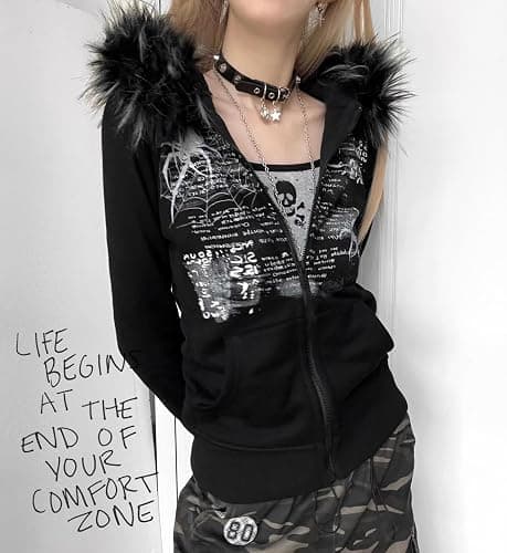 GOTHPICKUS Y2K Grunge Faux Fur Hoodies For Women Zip Up Vintage Punk Gothic Graphic Jacket Long Sleeves Ribbing Streetwear thumbnail 4