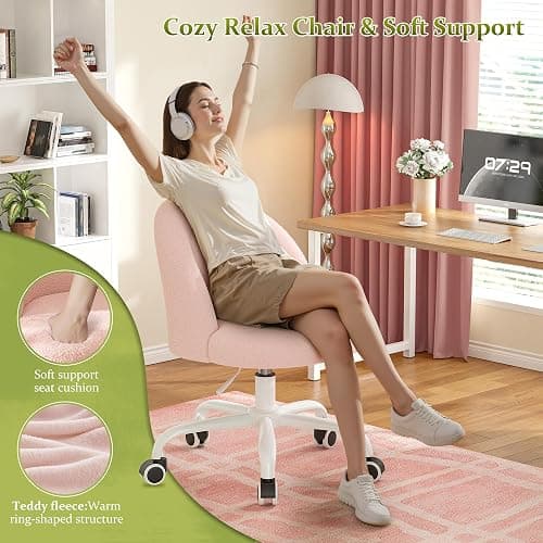 DurayLoly Vanity Chair with Back, Cute Desk Chair with Wheels, Armless Office Chair Height Adjustable, Soft Lumbar Support for Small Space, Bedroom, Gentle Pink thumbnail 4