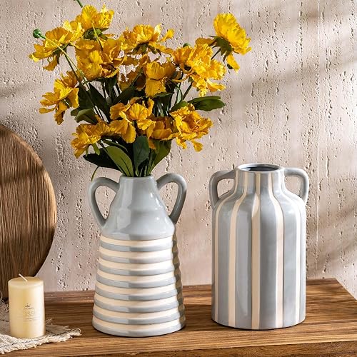 Ceramic Grey and White Checkered Stripes Vase with Handles, Hand-Painted Modern Minimalist Bohemian Floral Vases Home Decor, Cottage Core Decor, Flower Vase for Bouquet Mantle Kitchen Bookshelf 9.1 In thumbnail 4