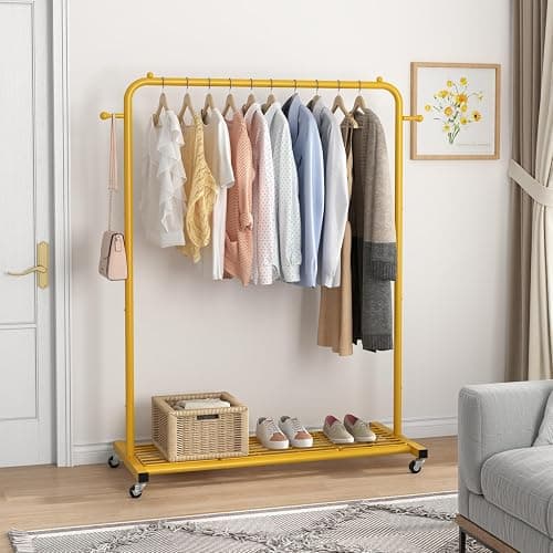 Sywhitta Clothes Rack on wheels, Clothing Rack with Bottom Mesh Storage Shelf,Sturdy Metal Frame,Rolling Garment Rack for Hanging Clothes,Coats,Skirts,39.76" L x 16" W x 64.56" H,Golden thumbnail 2